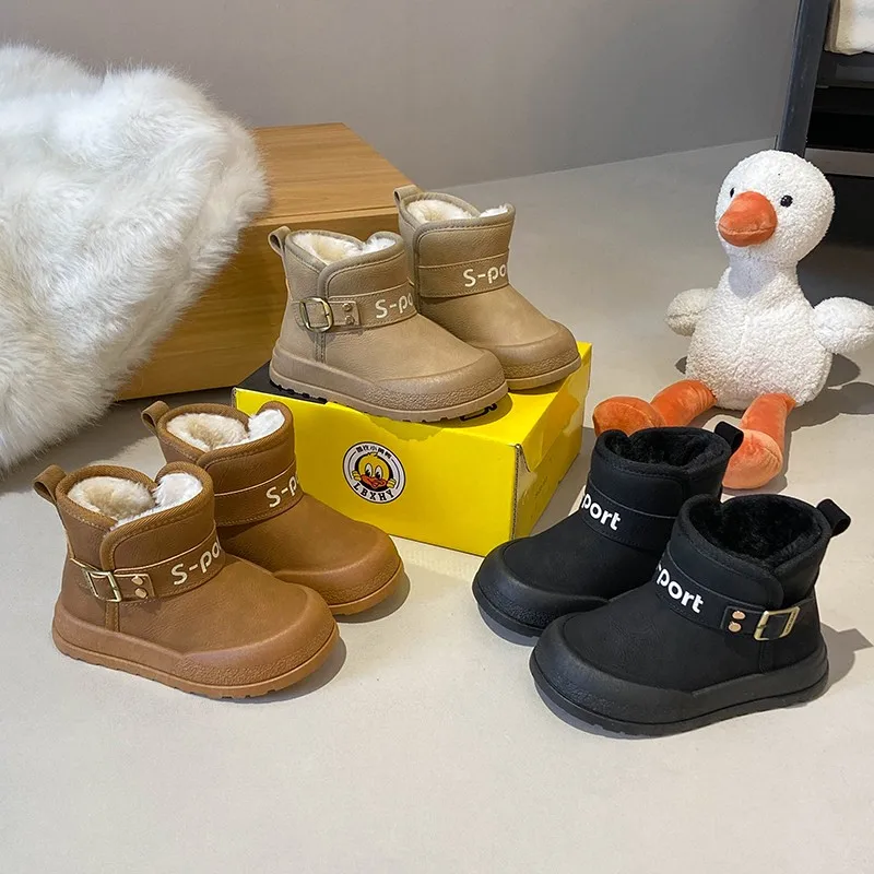 어린이 스노우 부츠 겨울 따뜻한 PU 가죽 패션 부츠 어린이를위한 캐주얼 코튼 신발 소년 소녀 발목 부츠 버클 스트랩