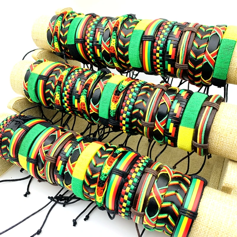 Wholesale 30/50/100pcs Handmade Leather Bracelets Bob Marley Rasta Jamaica Fashion Cuff Jewelry Party Gift Mix Red/Yellow/Green 3