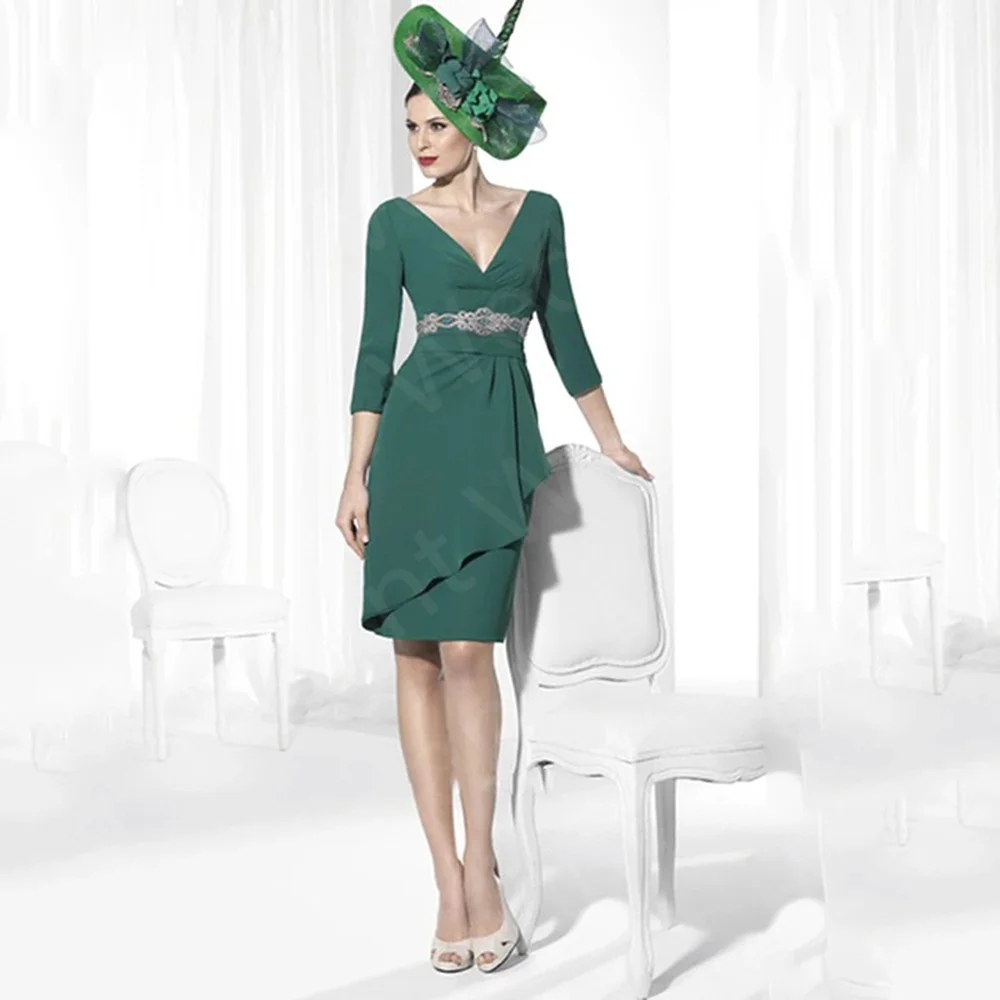 

Classic New Dark Green Mother of the Bride Dresses Knee Length 3/4 Sleeves V Neckline Wedding Party Gowns 2023