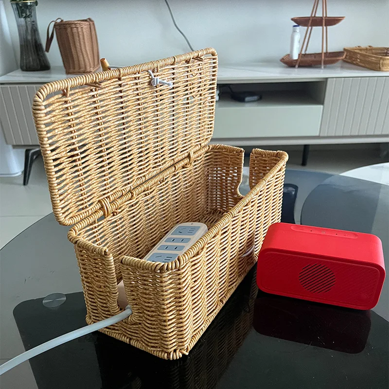 Scandinavian Rustic  Desktop Plug Socket Organizer Box Imitation Rattan Bedroom Data Cable Power Cord Organizing Storage Basket 3