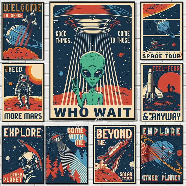 Póster espacial de astronauta de dibujos animados divertidos, Impresión de OVNI, Alien, pintura en lienzo, arte de pared, imagen para sala de estar, Mural para el hogar, regalo de decoración 1