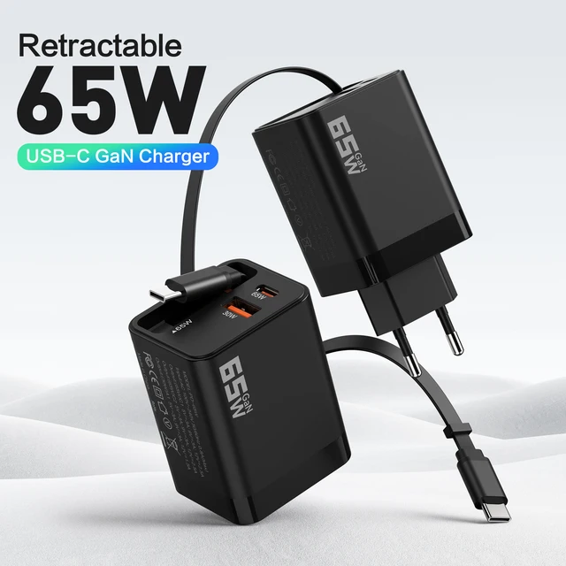 65W USB C Charger Power Supply USB C GaN Fast Charger 3-Port PD Charger Retractable Charging Cable for iPhone 16 MacBook Pro