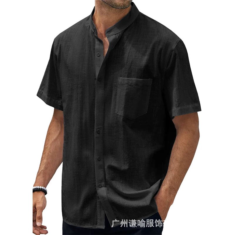 Summer New Men's Cotton and Linen Shirts Short-Sleeved T-shirt Henry Collar Casual Men's T-shirts Shirt Male Men Clothing