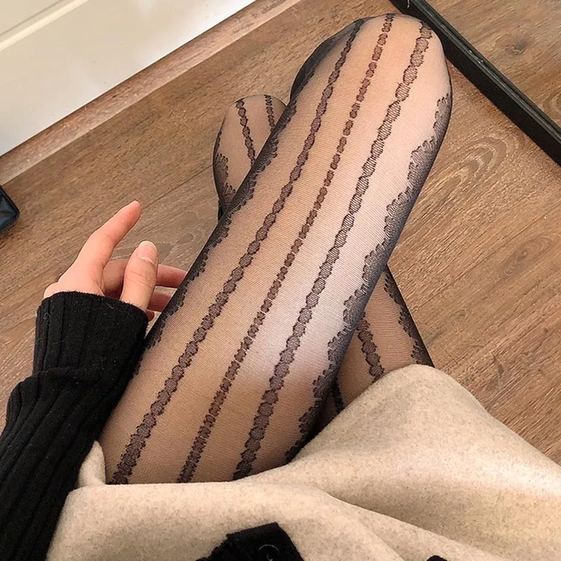 Sexy Black White Lolita Hollowed Lace Mesh Stockings Women Bottomed Pantyhose Japanese Goth Thin Stocking Hot Classic Tights