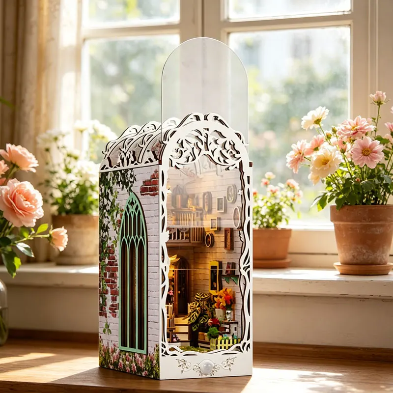 Zuuton DIY 북 니치 키트 빈티지 꽃집 나무 북엔드 조립 미니어처 하우스 LED 조명 방진 커버 수제 선물