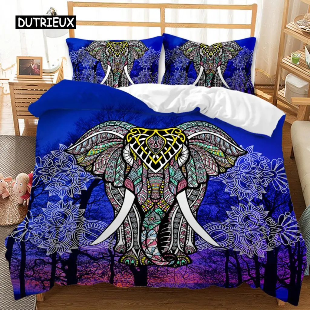 

Bohemian Elephant Duvet Cover Set Elephant Mandala Pattern Animal Bedding Set for Teens Adults Queen King Polyester Quilt Cover