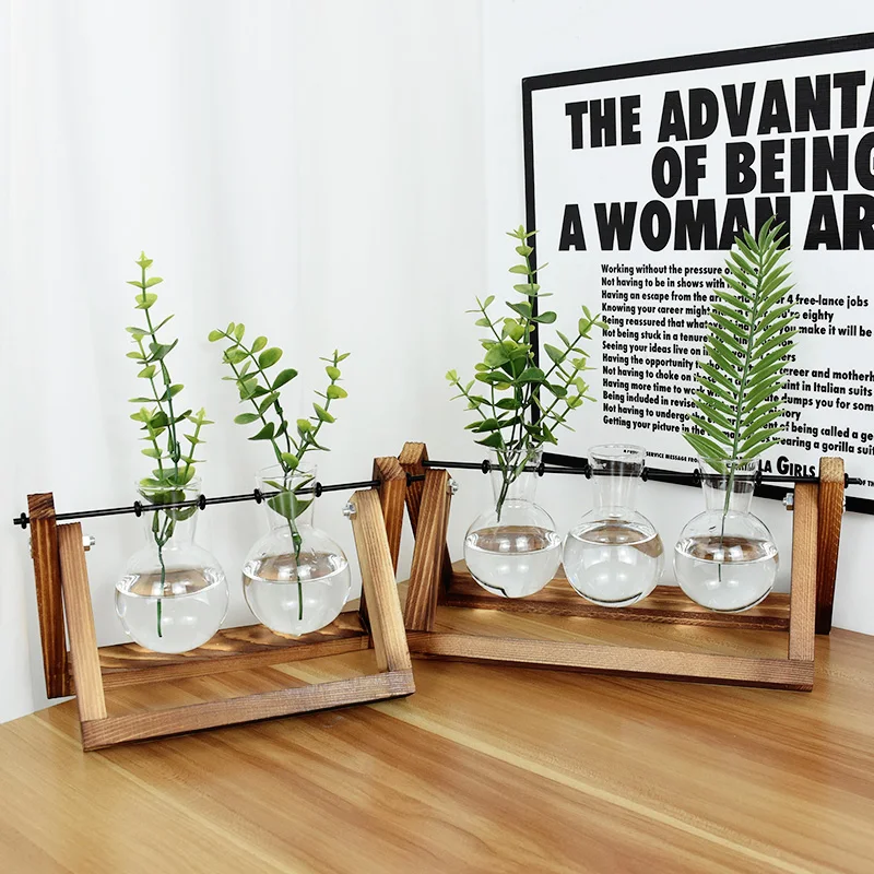 

Terrarium Hydroponic Plant Vases Tabletop Wooden Frame Glass Flower Pots Transparent Vintage Vase Home Living Room Bonsai Decor