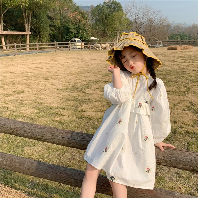 2022 Spring New Baby Girls Floral Embroidered Dress Kids Ruffled Princess Dress Fashion Children Cotton Clothing, #6782
