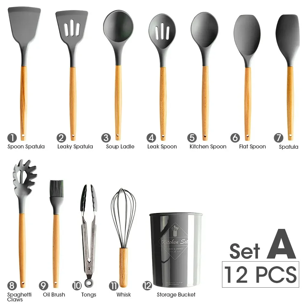 12Pcs Silicone Cooking Sets Spatula Shovel Soup Spoon Tongs Turner Cookware Wooden Handle Heat-Resistant Baking Utensils Set