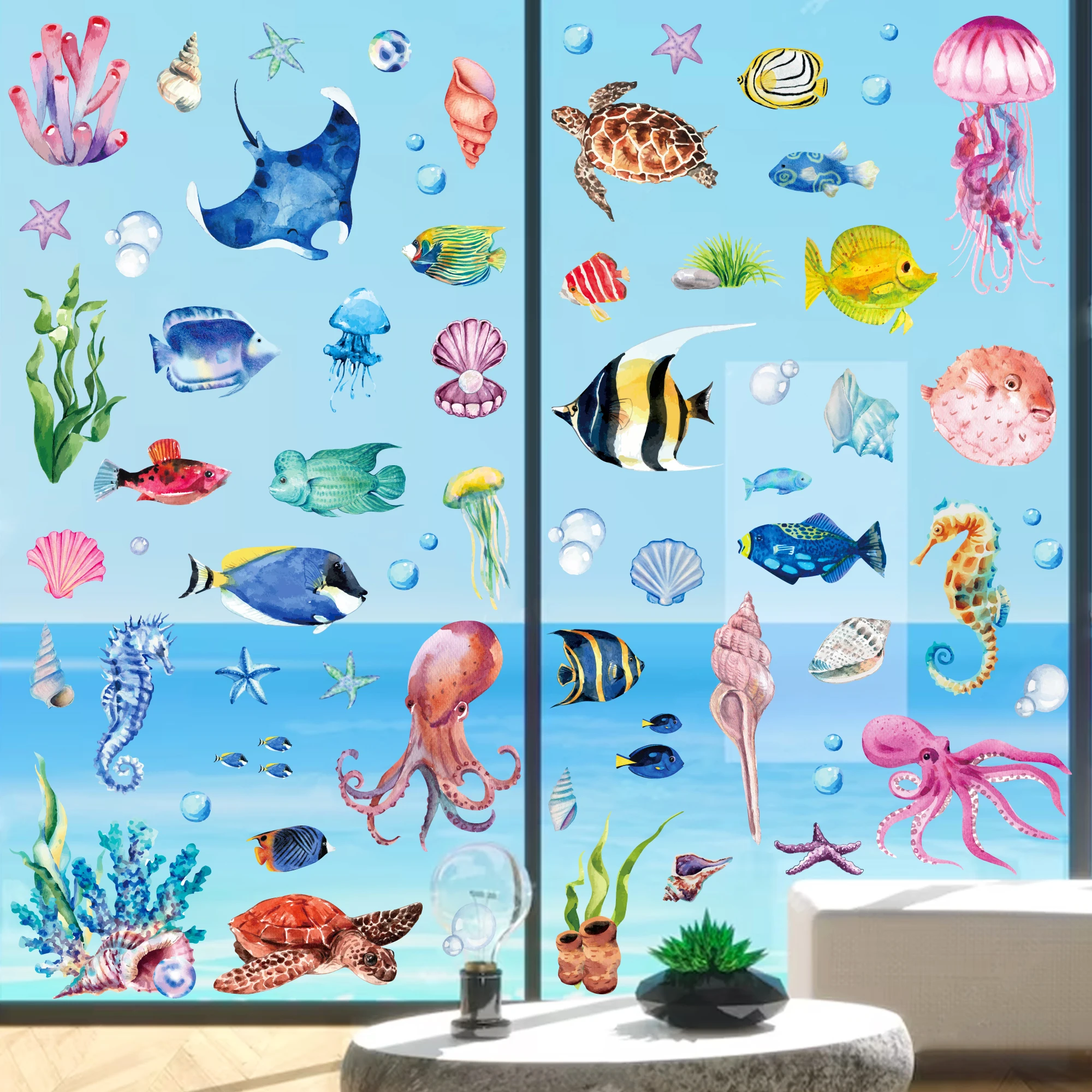 Bathroom Wall Stickers Ocean Fish Wall Decals Glow In The Dark Under The Sea  Wall Decals Sea Animals Wall Stickers Removable Waterproof Peel And Stick  For Kids Bathroom Watercolor Ocean Decor Animal, image size:2000x2000