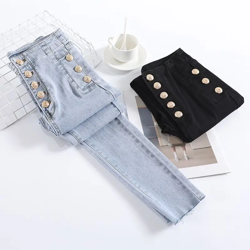 

High Waist Breasted Pencil Pants For Women Fall Stretch Denim Trousers Female Skinny Jeans Pants Spring Casual Wear 9901