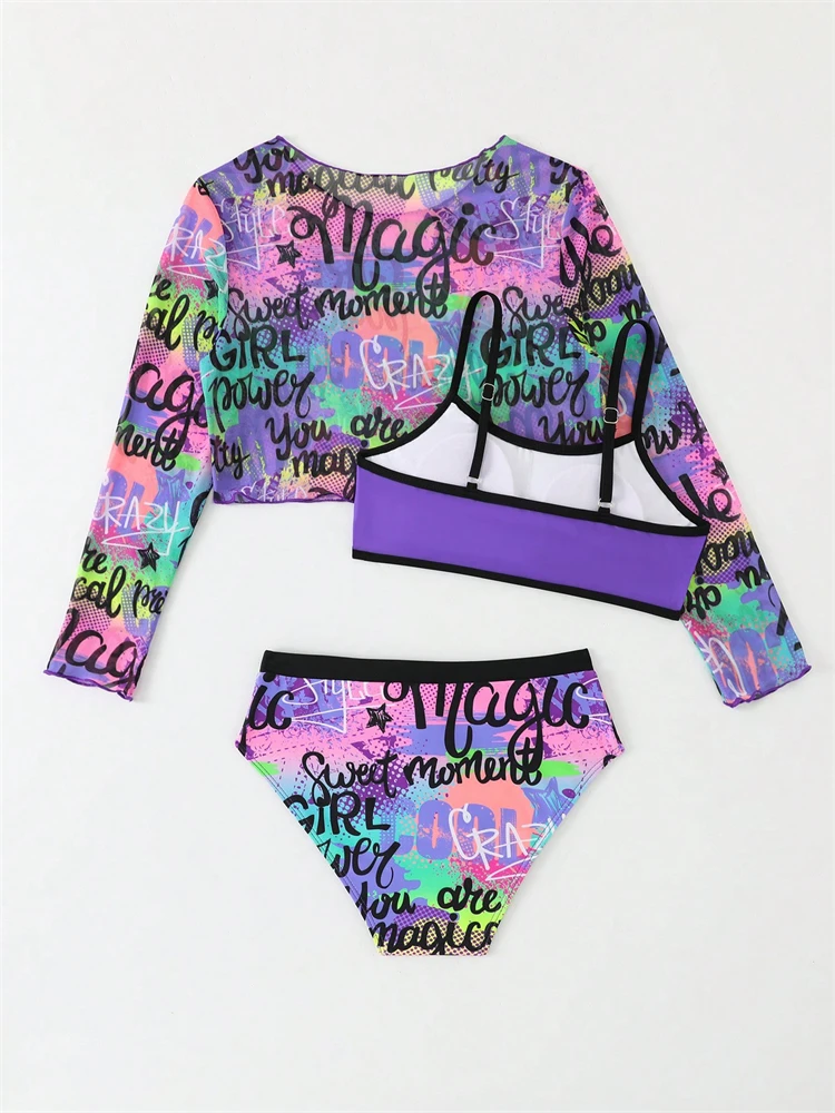 Kids Girls Swimsuit Sling Mesh Long Sleeve Children Bikinis Set Swimwear Summer Beach Bathing Suit