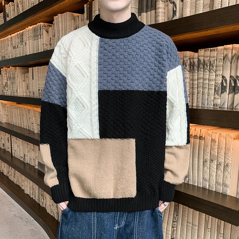 Autumn Winter Men's Half High Necked Loose Sweater Color Matching Knitted Sweater Casual Warm Bottoming Shirt