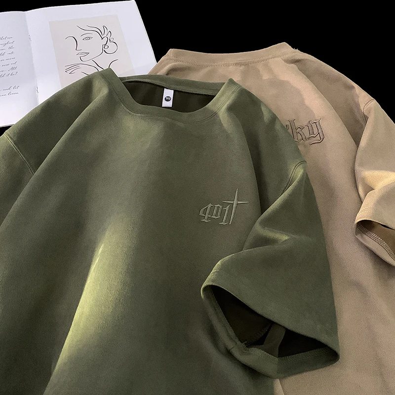 Suede Letter Embroidered T-shirts For Men High Street Vintage Drop