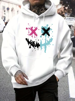 Men's autumn and winter casual fashionable loose hoodie with smiling face pattern printed long sleeved warm pullover sweater
