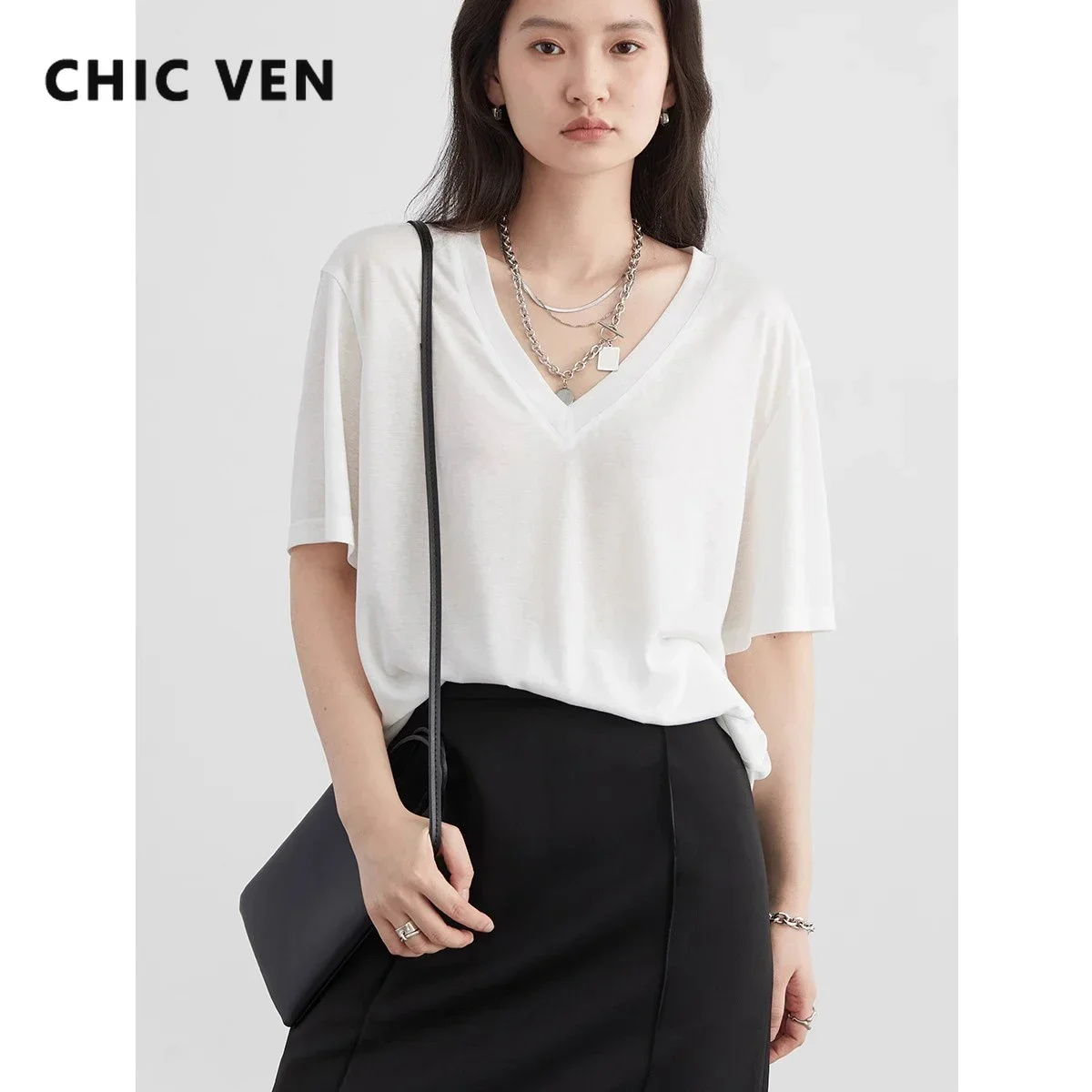 CHIC VEN Women T-Shirts Loose Casual Solid New Basic Simple Female Tees Short Sleeved Top for Girl Women's Clothing Summer 2026 1