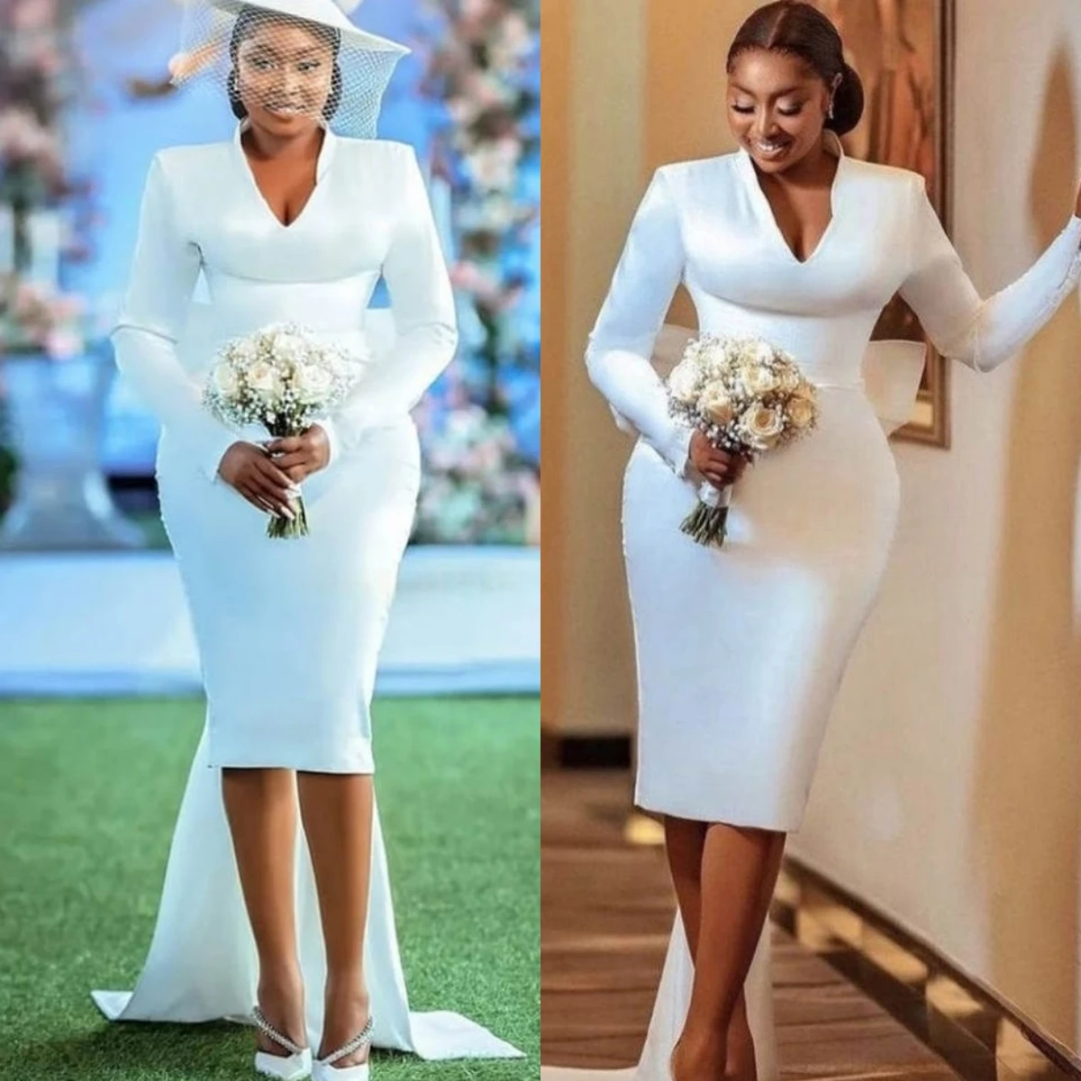 Customized Delicate Satin Luxury Wedding Dress V-neck Charming Bow Formal Long Sleeves High Quality Bridal Party Bridal Gowns