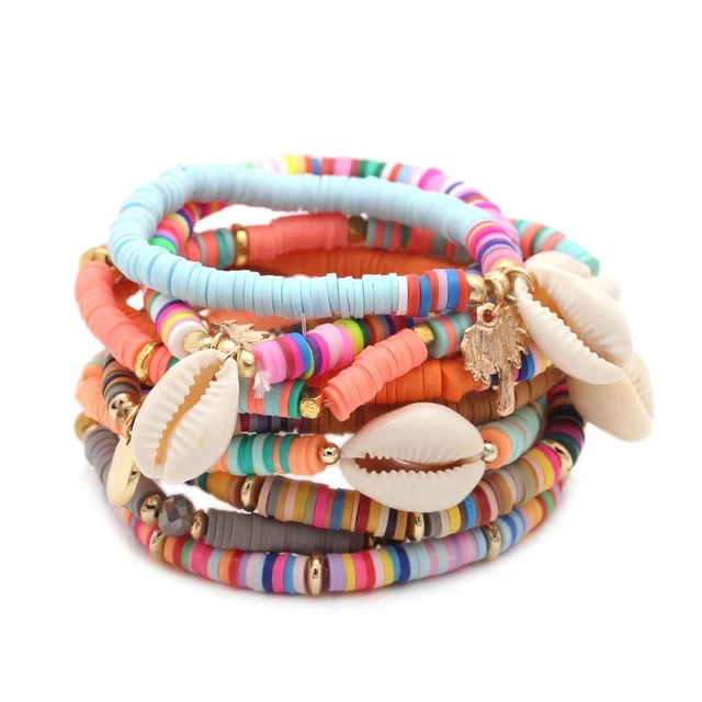 Boho Love Charm Bracelet Set Colorful Clay Bead Strands With
