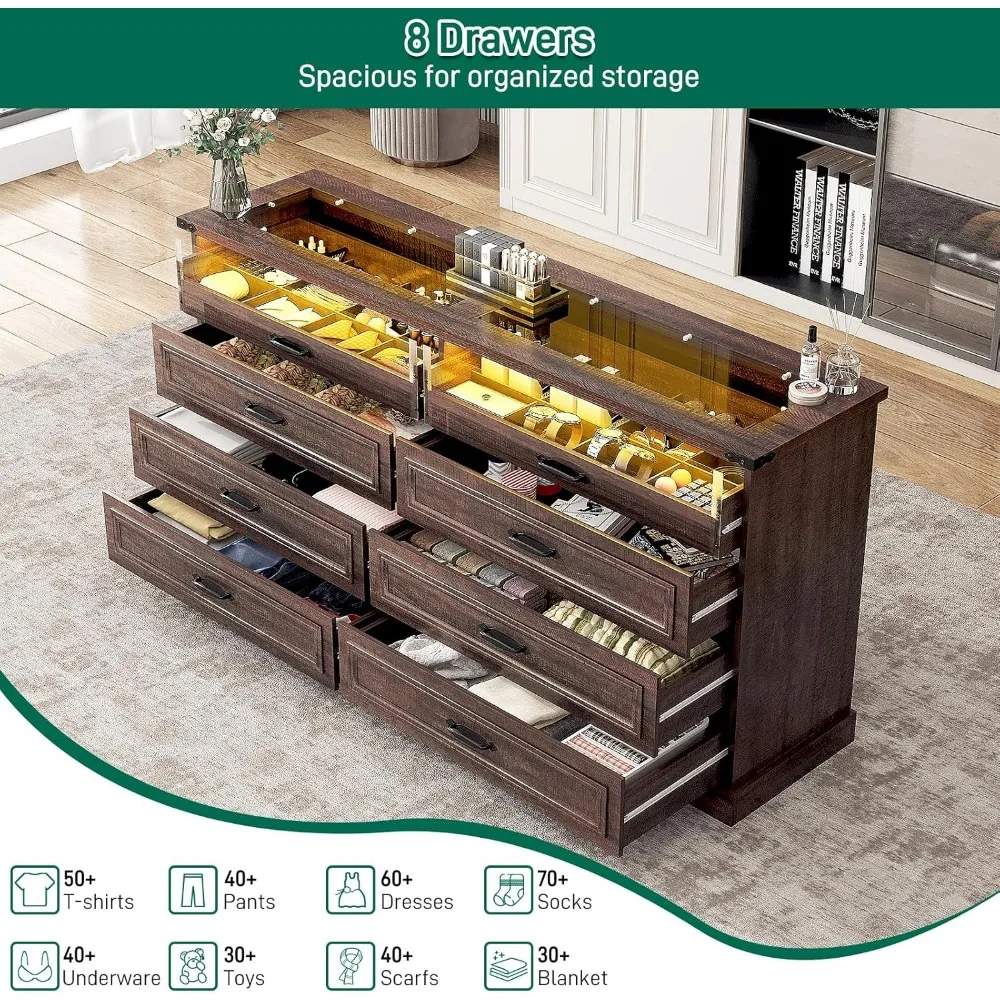 63" Farmhouse Closet Island with 8 Drawers&LED Lights, Brown Dresser w/Glass Top & Front Display Organizer, Wardrobe Armoire 3
