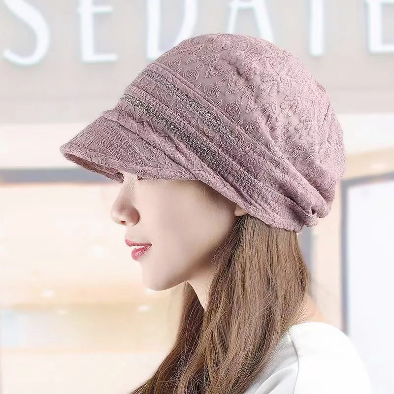 Lace Breathable Short Brim Bonnets for Women Loose Crochet Women Baseball Cap Autumn Winter Foldable Earflap Hats 3