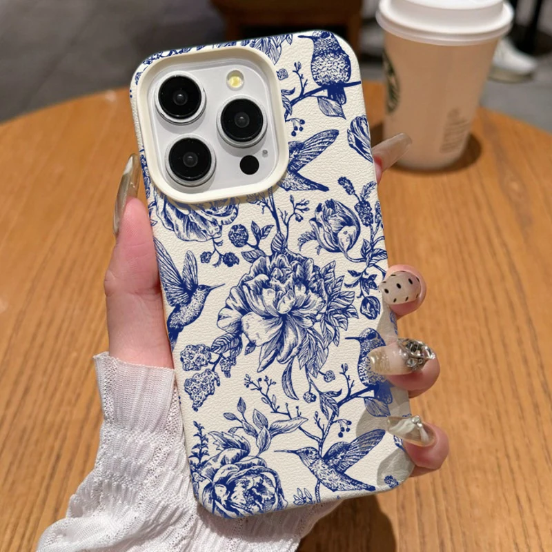 Elegant Blue Retro Floral Bird Pattern Phone Case - Soft Protective Cover