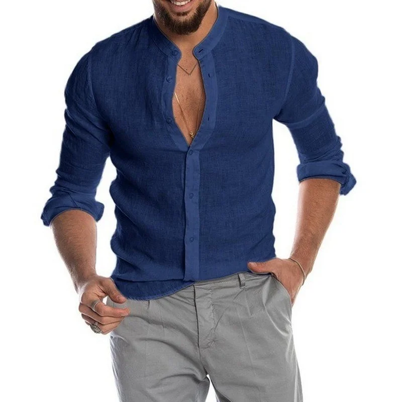 New Men's Solid Color Linen Long Sleeve Shirt  Cardigan Long Sleeve  Men's Shirt 6