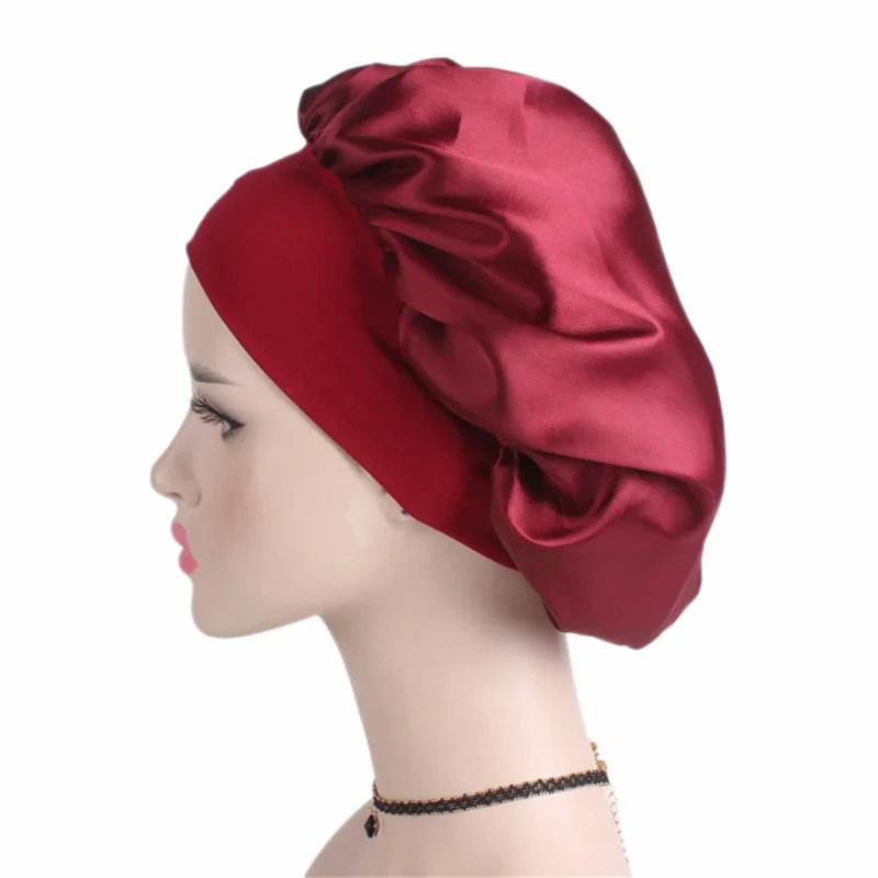 New Fashion Night Sleep Cap Wide Elastic Hair Care Hat Satin Solid Head Cover Bonnet Nightcap Women Unisex Dome Shower Cap