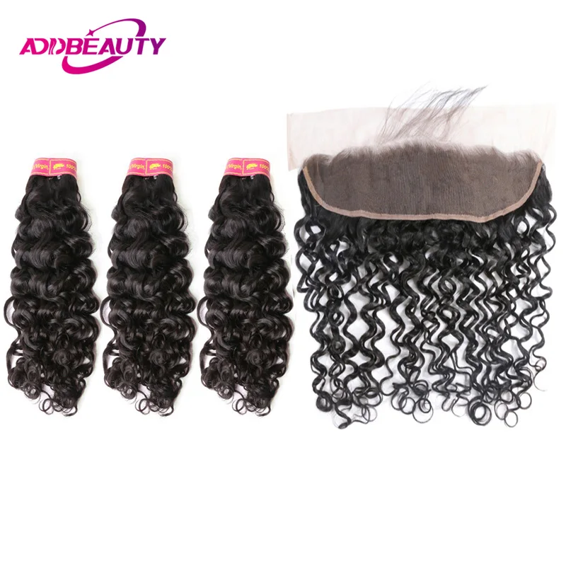 Addbeauty Brazilian Water Wave Unprocessed Virgin One-Donor Human Hair 3 Bundles With 4x4 HD Transparent Lace Closure Frontal