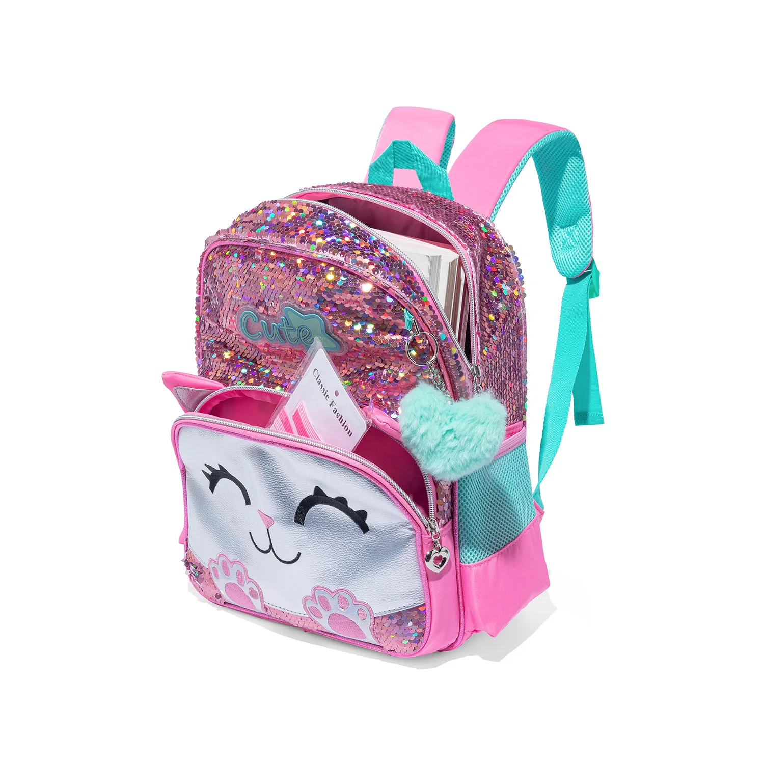 3PCS Cute Cat Backpack for Girls PU Leather Bookbag for Elementary School with Lunch Bag And PenBag 3