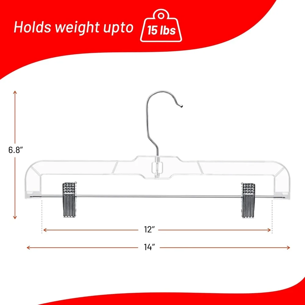 ™ Skirt Hanger Pants Hangers with Clips Hangers Shorts Hanger Clear Plastic Clothes Hangers with 2-Adjustable Clip Non-Slip Clot