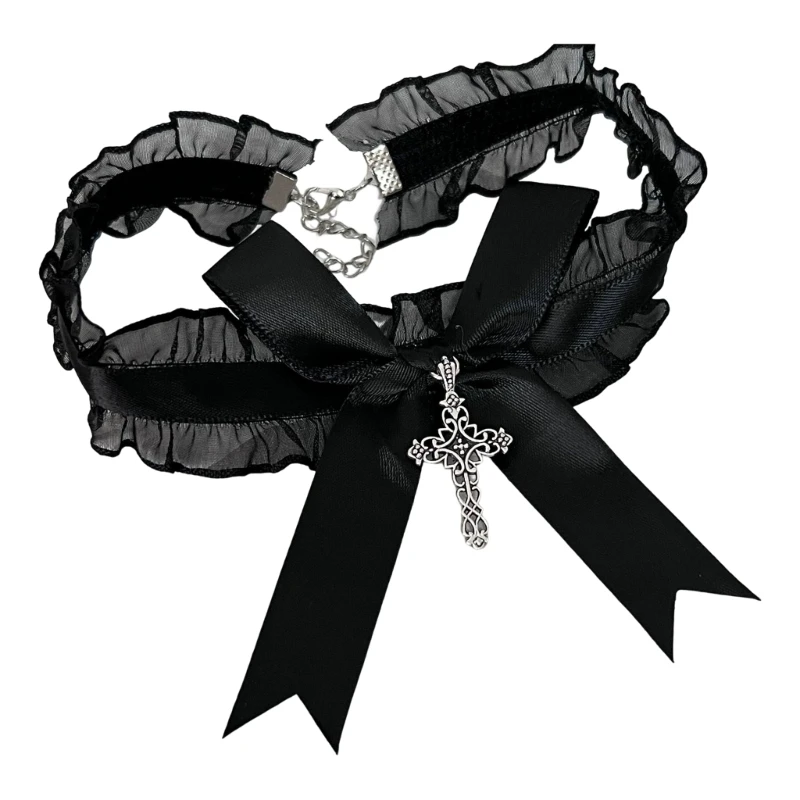 Choker Necklace Ruffle Lace Bowknot Crosses Charm Maid Sweet Collar Accessories