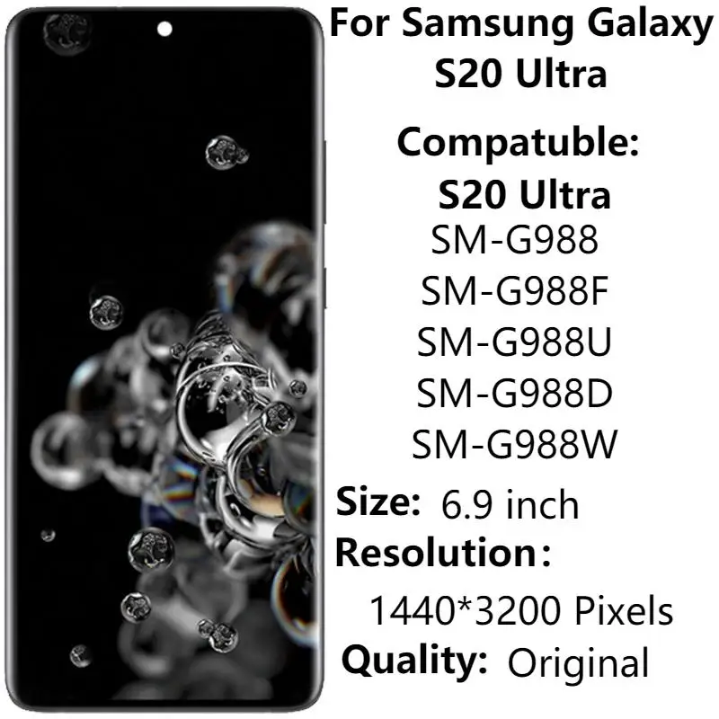 

6.9" Original AMOLED Screen For Samsung Galaxy S20 Ultra LCD Display With Frame SM-G988B/DS LCD Touch Screen Digitizer Assembly
