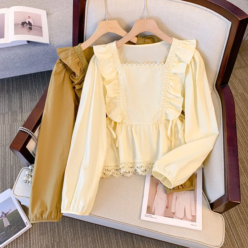 

2024 французская Милая белая рубашка с оборками, женская Свободная рубашка с длинным рукавом и вышивкой в виде куклы, пуловер