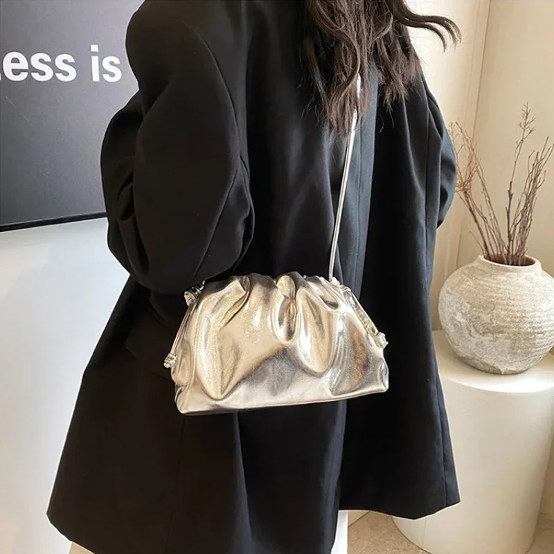 Small Luxury Design Women's Soft PU Leather Gold Silver Cloud Hobo Bag Elegant Dressy Handbag Ruched Dumpling Party Clutch Purse