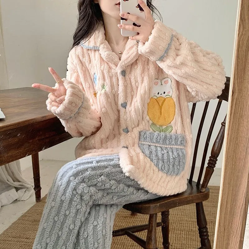 2023 New Pajama Women Autumn Winter Sleepwear Thickened Cute Flannel V-neck Homewear Princess Style Warm Loungewear Set