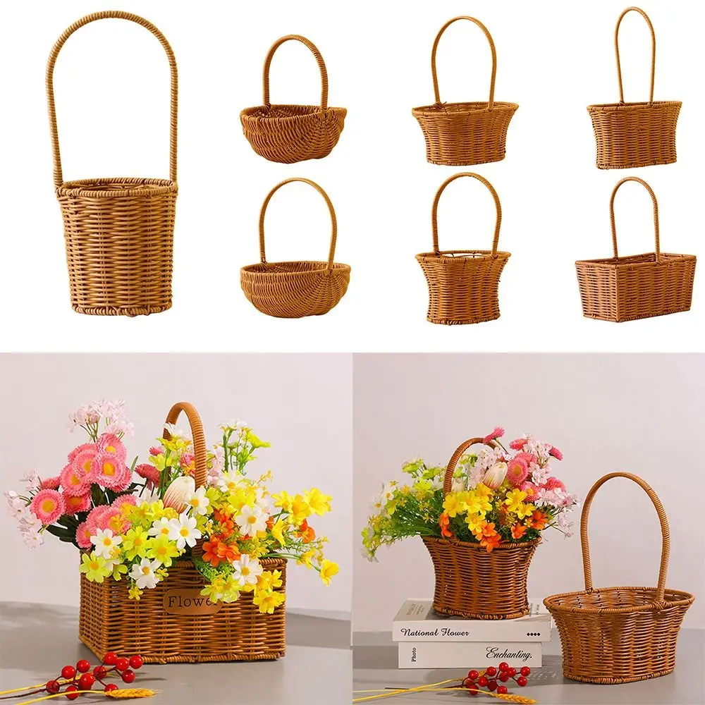 Imitation Rattan Handhold Weaving Basket with Handle Home Decoration Braid Storage Baskets Vegetable Fruit Flower 4