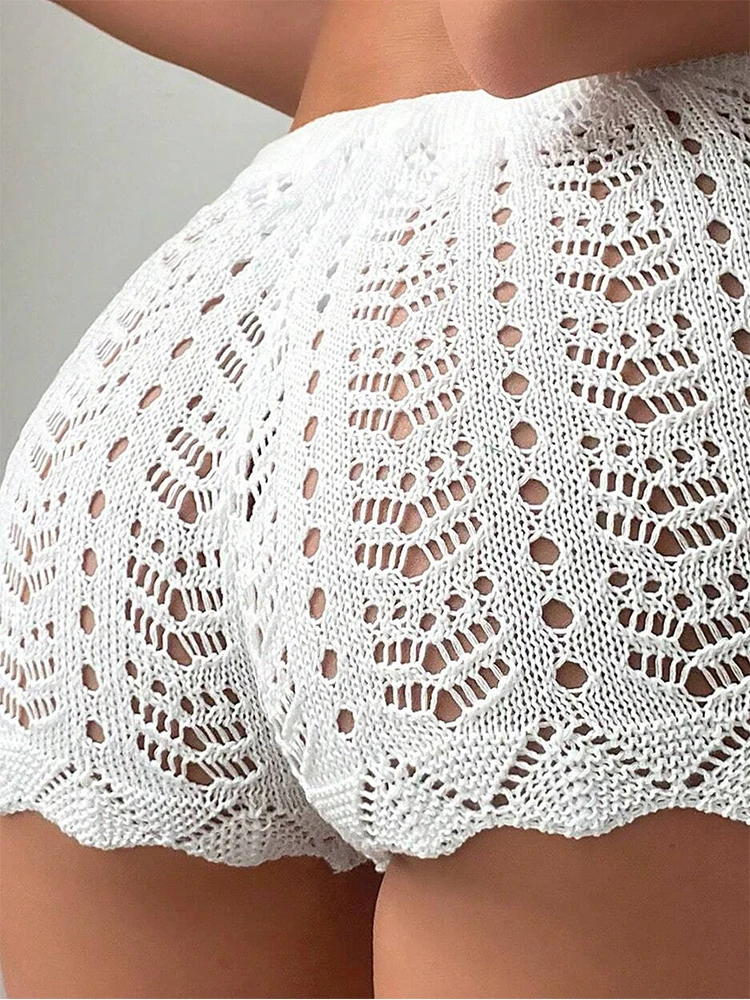 Women's White Crochet Knit Shorts High Waist Elastic Drawstring Beach Summer Hollow Out Mesh Bottoms 3