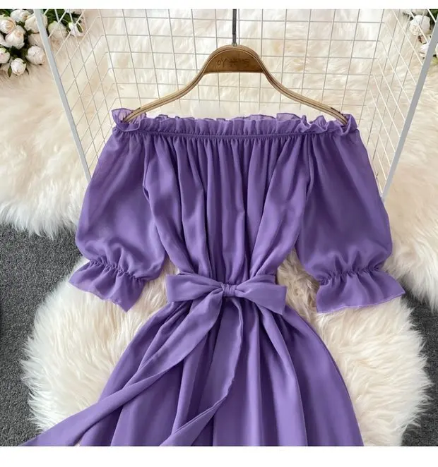 Beach Dress Women Sexy Off The Shoulder Slash Beach Chiffon Dresses Ladies Elegant A Line Bandage Party Dress Long Robe