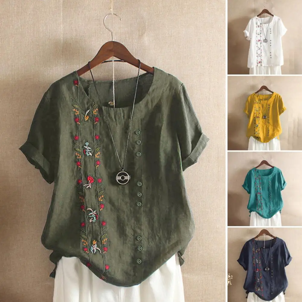 

Женская рубашка с вышивкой и цветочным принтом, женская рубашка из мягкой смеси хлопка, пуловер с круглым вырезом и коротким рукавом, тонкий топ для модной одежды