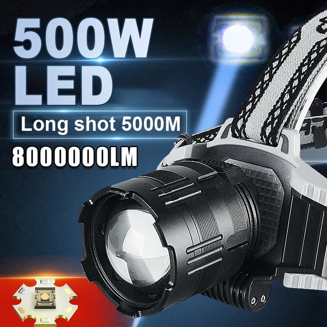 8000000LM 500W LED potente faro USB recargable cabeza linterna 5000 metros  LED faro Zoom cabeza lámpara