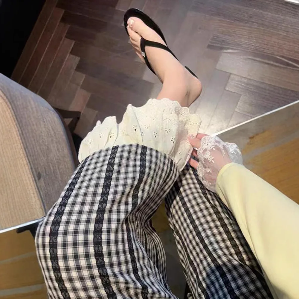임산부 와이드 레그 팬츠 여름 체크 레이스 트림 스플라이스 드로스트링 허리 스트레이트 컷 통기성 폴리에스터 루즈핏 스트리트 스타일