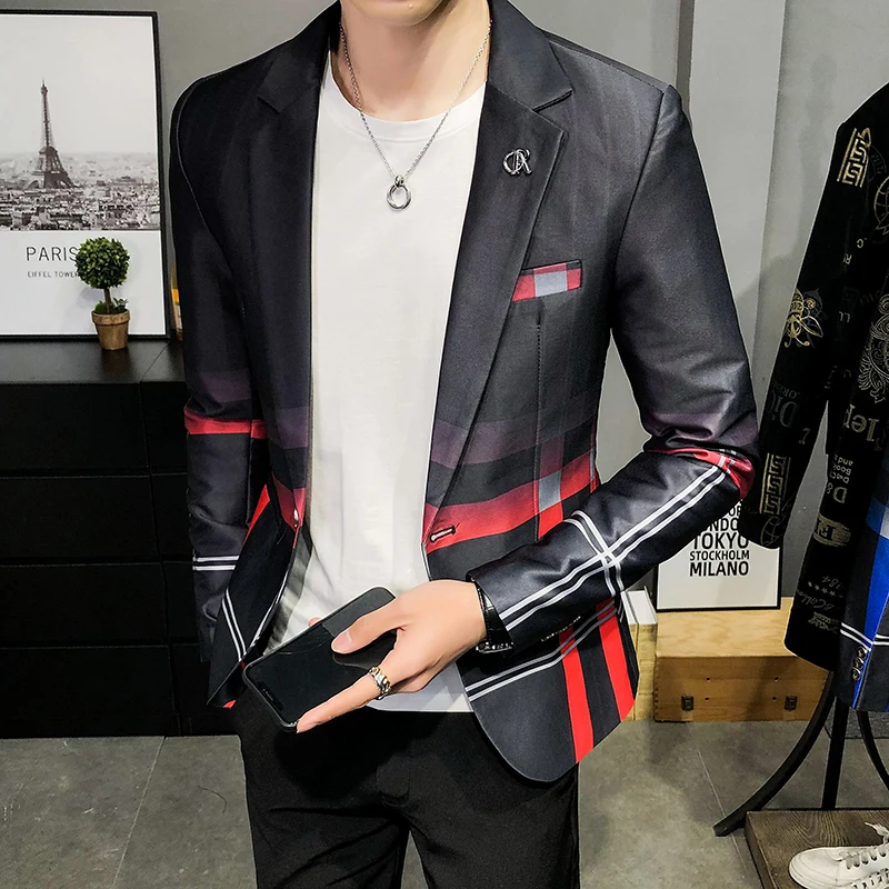 

2022 Spring New Men's Plaid Blazer Fashion Casual Men's Slim Suit Jacket Banquet Wedding Party Club Dress Branded Men's Clothing