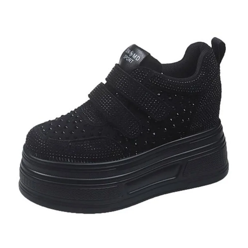 10cm 에어 메쉬 합성 가죽 Chunky Sneaker 여성 편안한 2025 가을 블링 라인 석 플랫폼 웨지 Fsahion 발목 부츠 신발