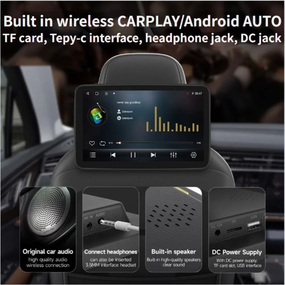 10.1'' podhlavník monitor bezdrátový Carplay Android 12 auto auto zadní Seat video hráč FM Bluetooth airplay vstupní plný dotek obrazovka