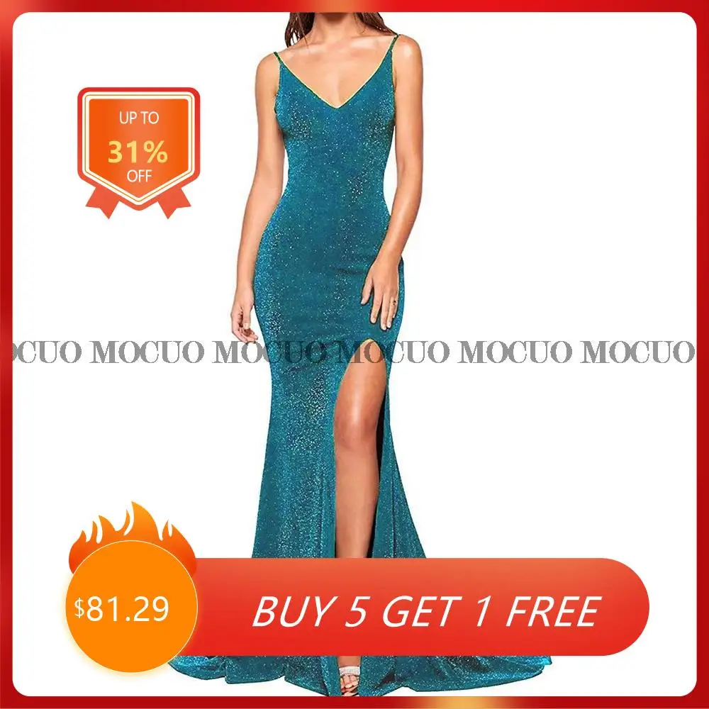 

Sexy Sparkle Prom Dresses 2022 Luxury Mermaid Spaghetti Straps Deep V-Neck Split Backless Long Gown robe de soirée femme