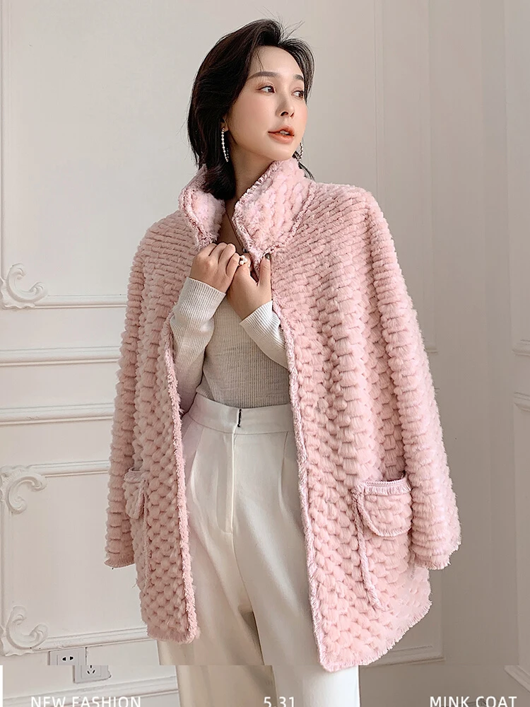 

HDHOHR 2024 высококачественные вязаные шубы из меха норки модные куртки из натурального меха норки зимние женские теплые розовые натуральные меховые куртки