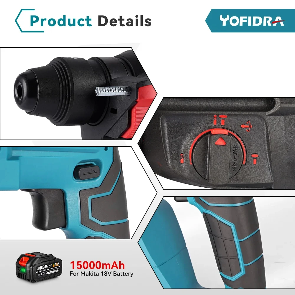 Yofidra 26Mm Cilinder Borstelloze Motor Elektrische Hamer Boor Met Boren. Voor Makita 18V Batterij Draadloze Impact Roterende Boor