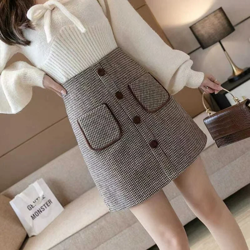 

Autumn Winter New High Waist Houndstooth Short Skirt For Women A- Line Skirt One-Step Skirt Sheath Woolen Plaid Skirt For Women