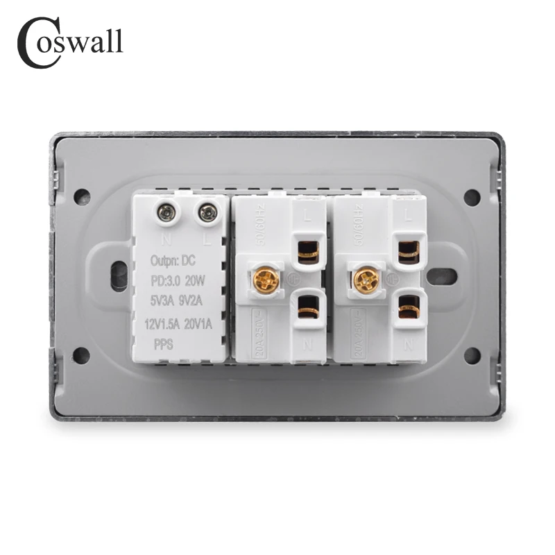 Coswall PC 브라질 표준 20A 전원 브라질 소켓 PD 3.0 20W Type-C 듀얼 USB 고속 충전 콘센트 벽 소켓 118*72mm