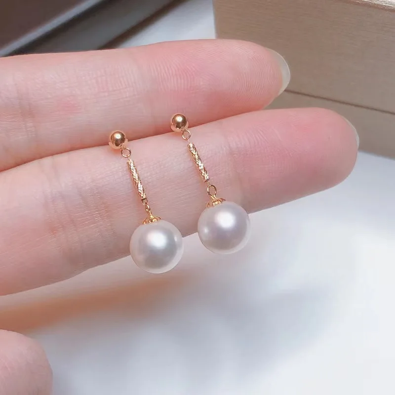 Real 18K Gold Natural Freshwater Pearls Drop Earrings Pure AU750 Diamond Shaped Tubular Bead Women's Earrings Fine Jewelry